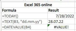 =DATEVALUE() in Excel 365 online