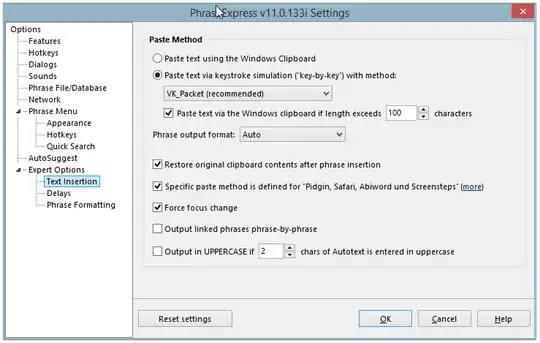 PhraseExpress insertion settings