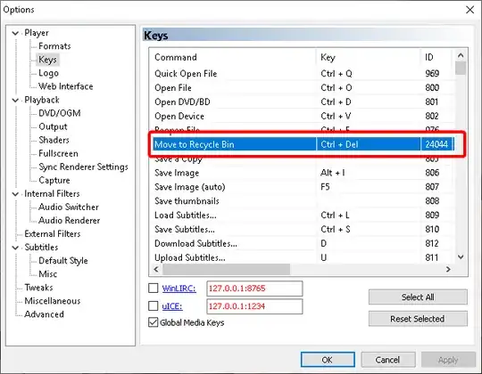 MPC settings page showing hotkey config with Move to Recycle Bin highlighted