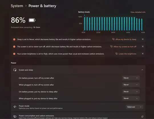 Windows 11 power settings set to never sleep