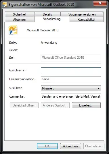 Outlook shortcut properties