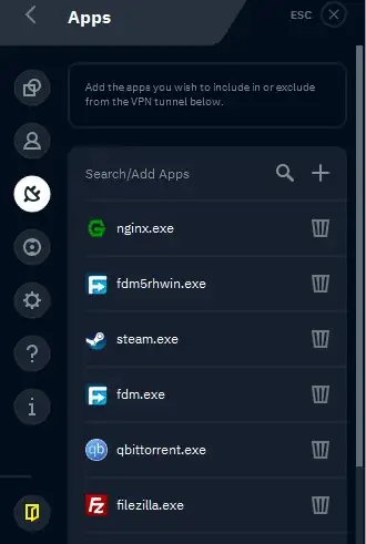 Windscribe SplitTunneling per-app settings view