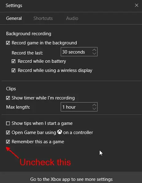 Graphic representation showing the "Remember this as a game" being unchecked