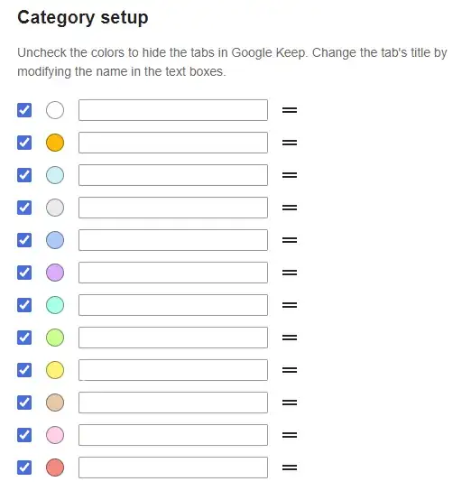 Category Setup UI of Category Tabs for Google Keep Chrome extension