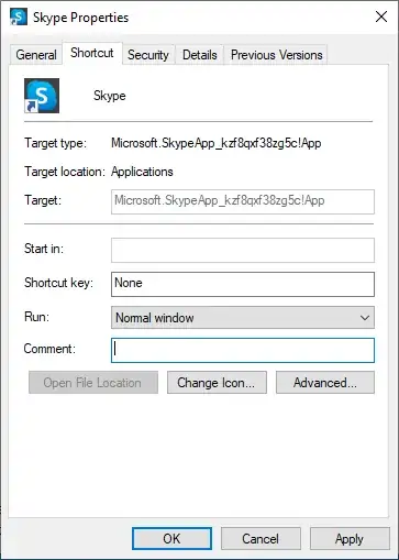 Screenshot of property dialogue of an .lnk file of the Skype UWP app