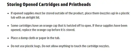 Storing Opened Cartridges and Printheads: - If opened supplies must be stored outside of the product, place them (nozzles up) in a plastic tub with an airtight lid. - Some cartridges have an orange cap that is twisted off to open. If these supplies have been opened, replace the orange cap before it is stored. - Place a damp cloth or paper in the tub. - Do not use plastic bags. Do not allow anything to touch the cartridge nozzles.