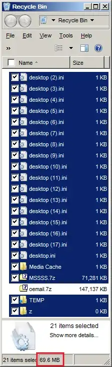 Screenshot of Windows 7 Recycle Bin with Classic Shell installed showing size