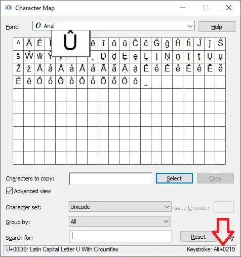 Windows 10 Character Map - U-circumflex