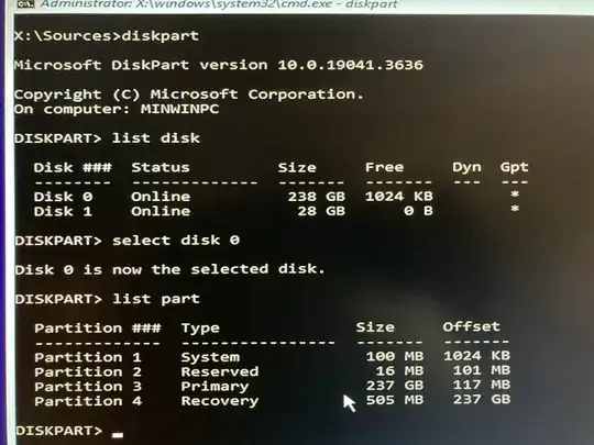 DISKPART utility. shows four partitions on drive 0