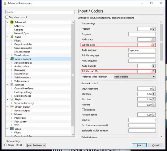 Set subtitle track to 1 and subtitle track id to -1