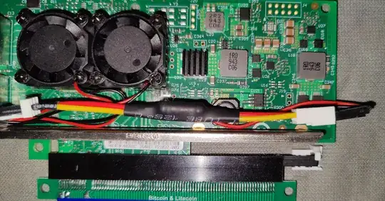PCI x8 card plugged into a PCIe x16 slot from an extender. only part of the slot's connected, showing the card seated, but there being a large blank space to the right half of the slot.