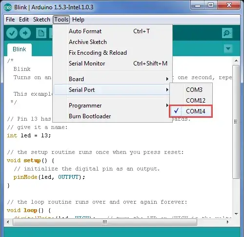 Screenshot from the Arduino IDE, menu command Tools → Serial Port → COM14 shown