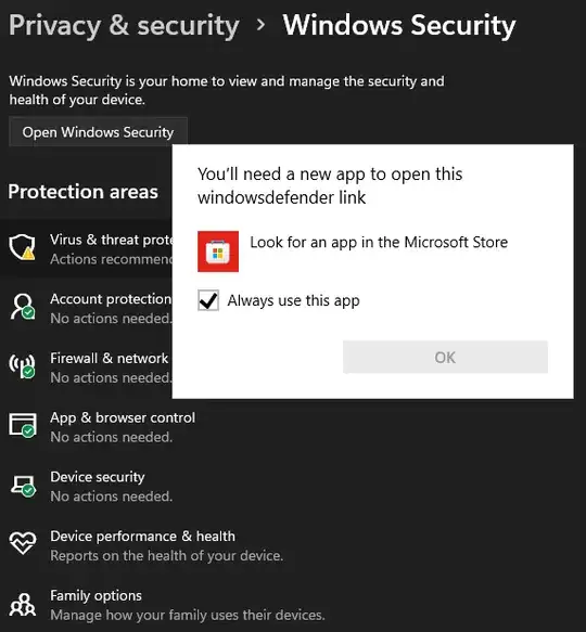 Here's What I get when I try to click on any Windows Security link