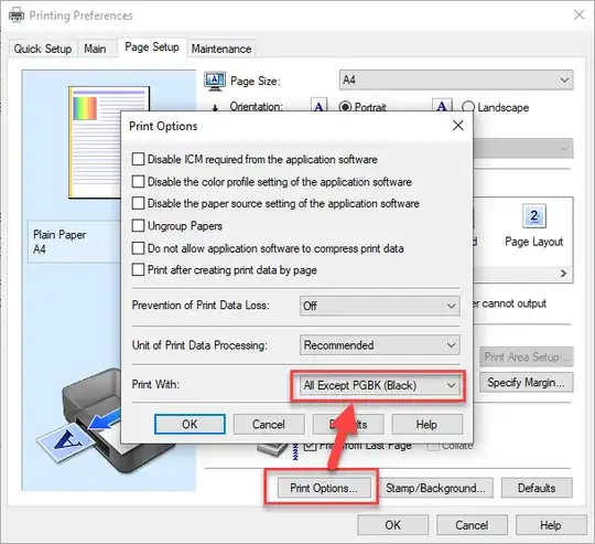 Printing Preferences / Page Setup / Print Options / Print With / All Except PGBK (Black)