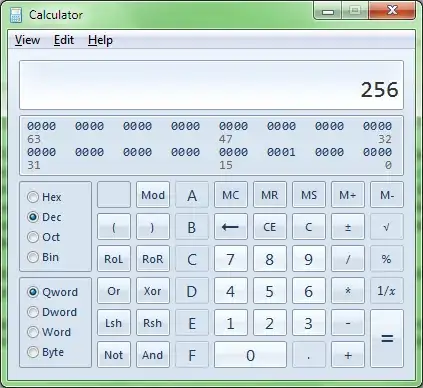 Windows Calculator showing 256 in decimal and binary