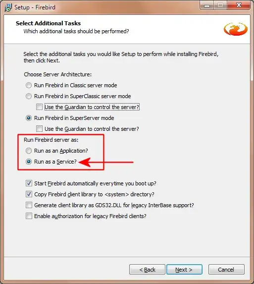 Firebird Server setup options select additional tasks
