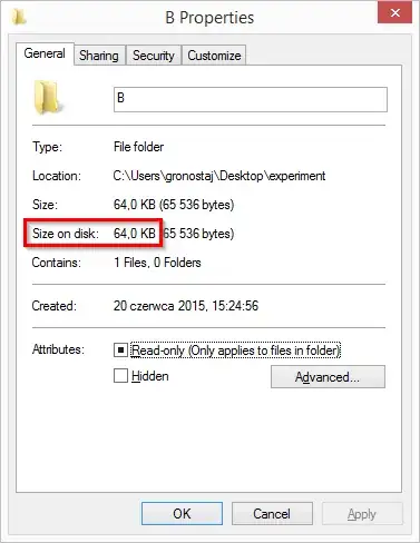 Properties of B, showing total size 64 KB