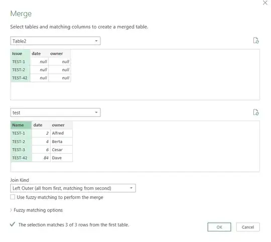 Tables and columns selection - Merge window