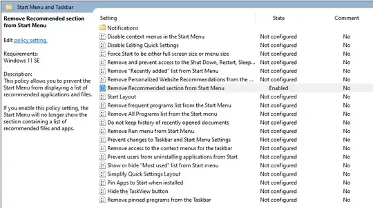 Screenshot of group policy editor policy that disables recommended section