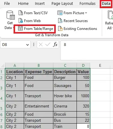 Screenshot selecting the range