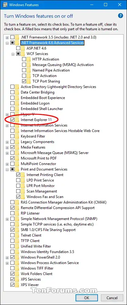 screenshot of windows features dialog