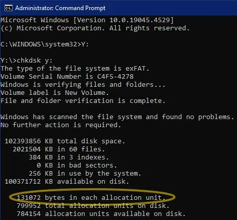 use chkdsk to get cluster size