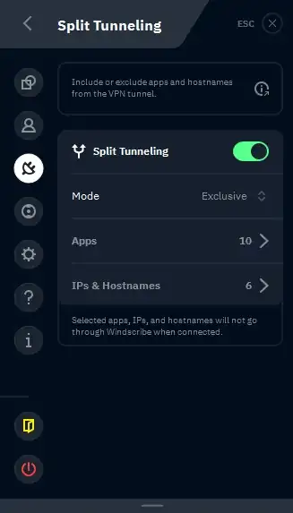 Windscribe SplitTunneling settings view