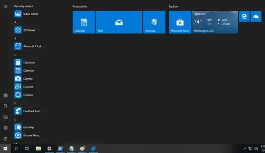 screenshot showing Windows 10 Start Menu with two groups of width 8