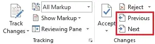 Previous and Next buttons in the Changes group on the Review tab