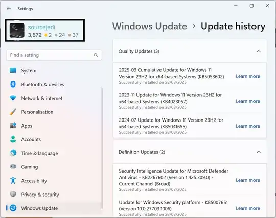 5 Updates installed.  These include several updates for Windows 11, and also "Update for Windows Security platform".