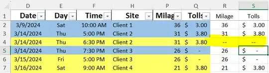 Screen shot and mock up of data in Columns R & S. Note Row 4 being populated with "--"