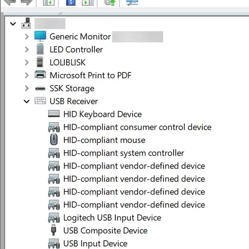 Image of device manager showing the only USB Receiver device tree. Each option device underneath this tree has the "Allow this device to wake the computer setting" turned off.
