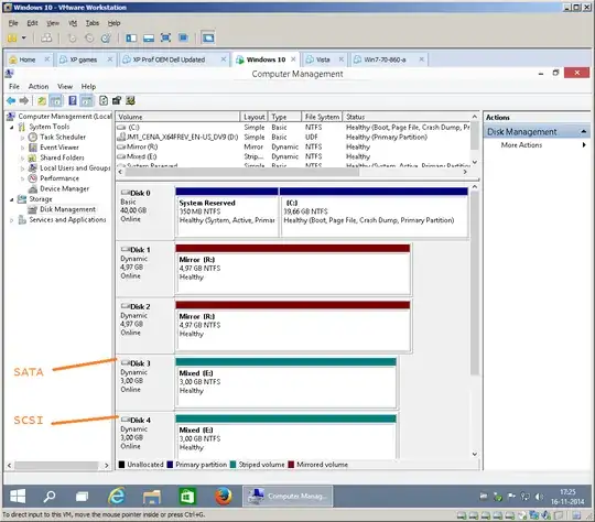 Screenshot of a win 10 preview VM with a SCSI and a SATA drive in a mirror