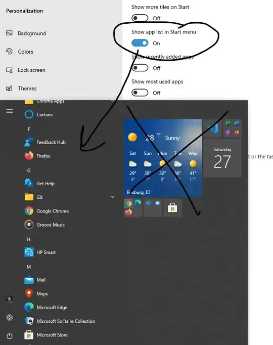 the app list section not the pinned tiles