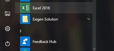 Excel 2016 in start menu