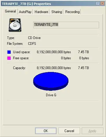 Properties window (Alt+enter) CD media volume ~ 7.45TB?!