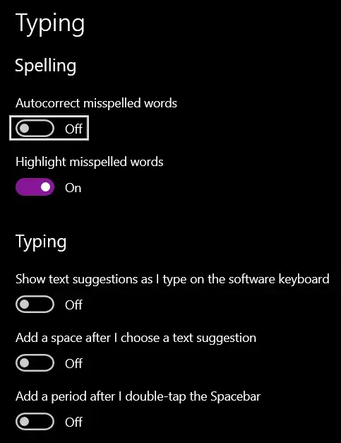 Screenshot of disabled autocorrect settings in Windows 10's Settings