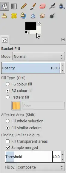 <code>Bucket Fill</code>:  Select <code>Fill transparent areas</code> only when necessary. Do select <code>BG colour fill</code> and <code>Sample merged</code> and run a few tries while adjusting <code>Threshold</code> for best results. In between, hit <code>[Ctrl]+[Z]</code> to undo.