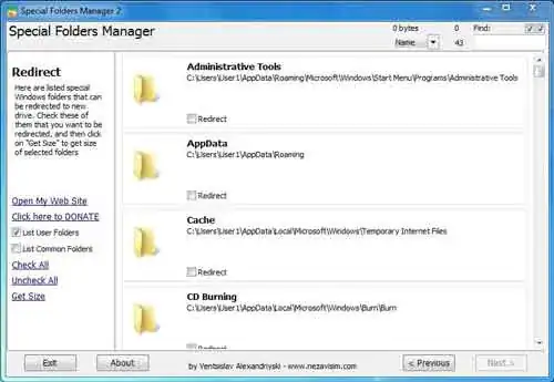Screenshot of Special Folders Manager
