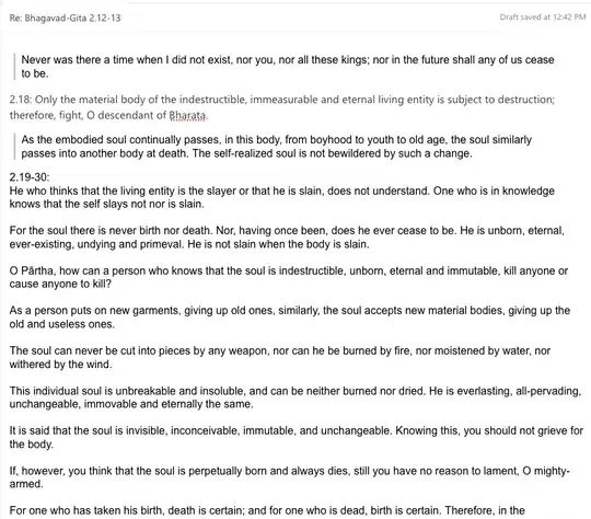 Email message showing quoted parts interspersed with unquoted inline replies in Outlook 365 OWA web app; text is quotes from Bhagavad-Gita Chapter 2