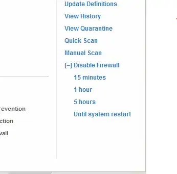 An image of the Disable Firewall menu in Symantec Endpoint