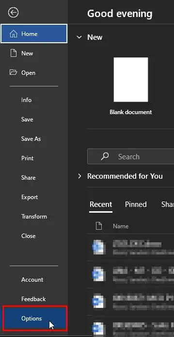 MS Word Office 365 File menu