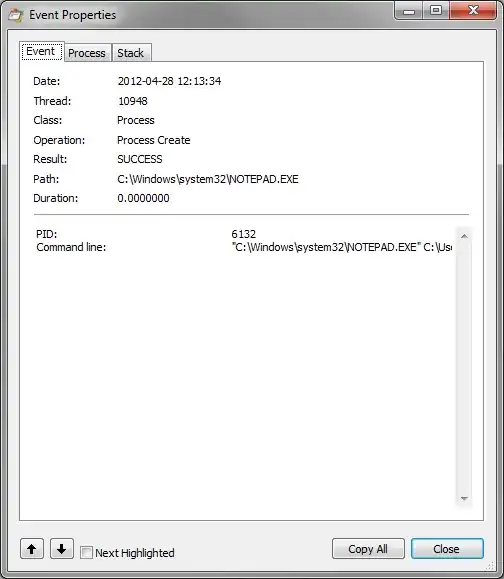 Process Create Event captures in Process Monitor