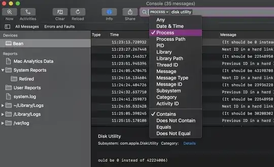 Screenshot of the Console app on macOS, showing where to click to filter search result types