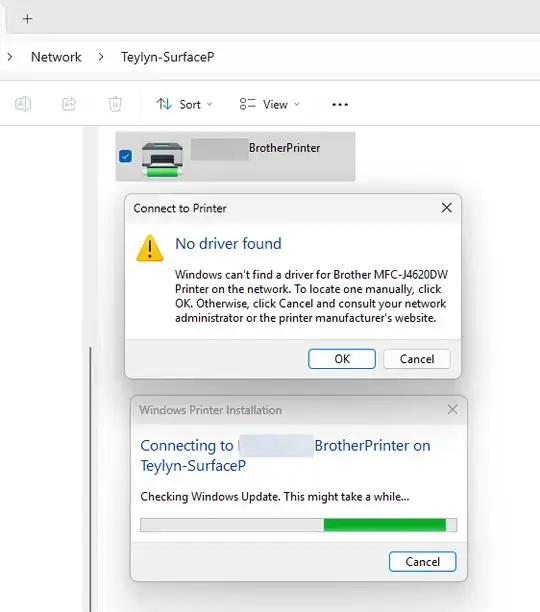 Screenshot of Surface, trying and failing to install a driver