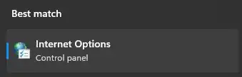 Internet Options search match in the start menu
