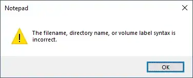 Warning message box saying: The filename, directory name, or volume label syntax is incorrect.