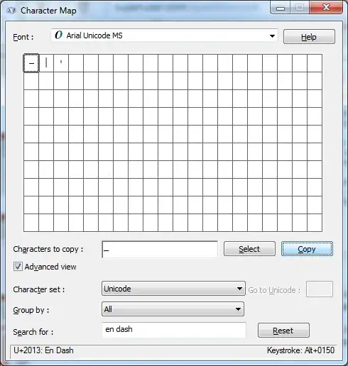 Screenshot of Windows Character Map showing an en dash