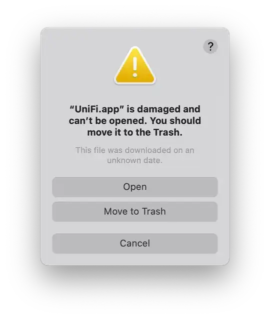 A screenshot of a macOS dialog window that says "'UniFi.app' is damaged and can't be opened. You should move it to the Trash. This file was downloaded on an unknown date." and has buttons for "Open", "Move to Trash", and "Cancel"