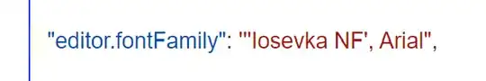 a screenshot of the VScode settings in JSON, with freaky porportional text and the setting 'Iosevka NF'